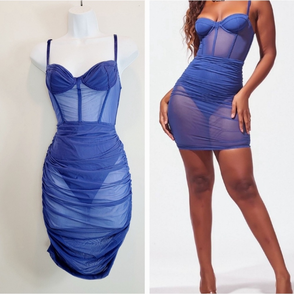 Royal Blue Tic Toc Ruched Mesh Overlay Lingerie Bodysuit Size Large